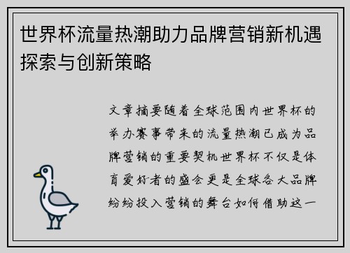 世界杯流量热潮助力品牌营销新机遇探索与创新策略