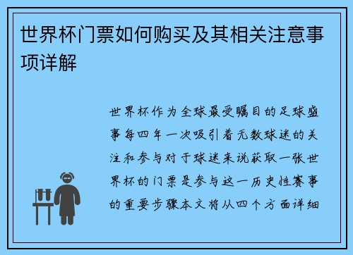 世界杯门票如何购买及其相关注意事项详解